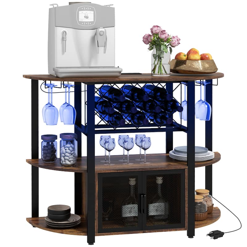Liquor Cabinet Bar Stand with 10-Bottle Wine Rack, Glass Holders, Wine Bar Cabinet with Charging Station and LED Lights