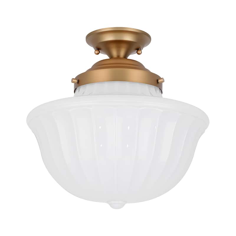 1-Light 14.9" Mid-Century Modern Gold Geometric Cone Milky White Glass Semi-Flush Mount Light - 14.9 in. W x 14.5 in. H