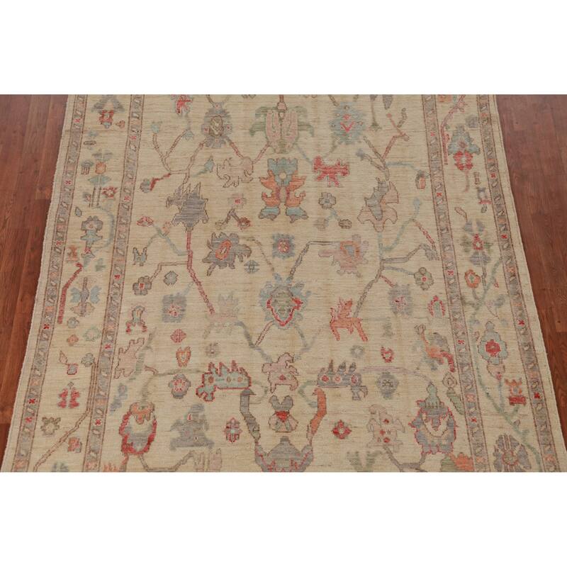 Hand Knotted Oriental 100% Wool Carpet Transitional All-Over Beige & Ivories Oushak Area Rug - 9' 2'' X 6' 2''