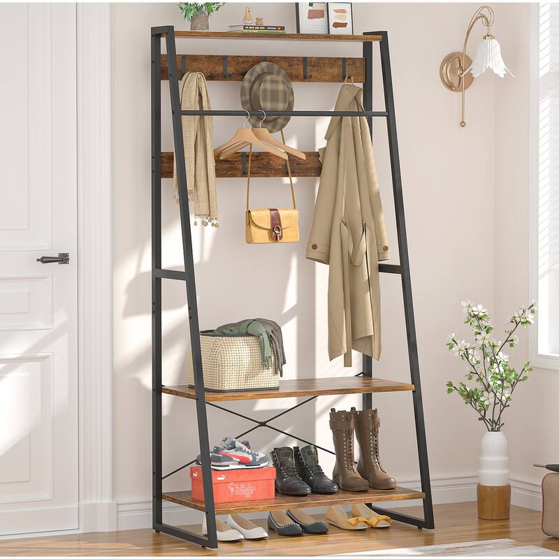 Entryway Bench with Coat Rack, Freestanding Closet System - Rustic Brown