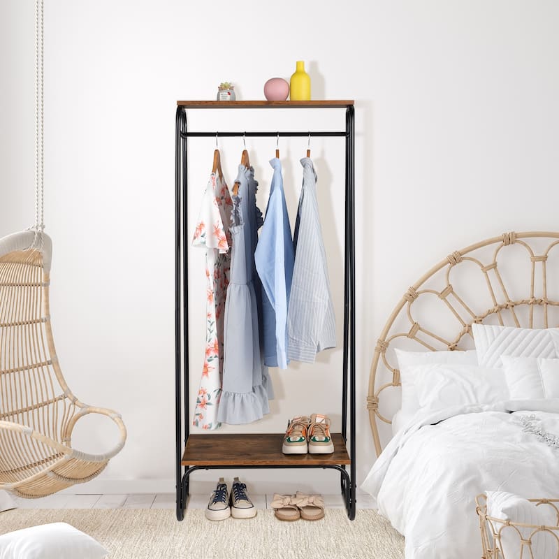 Freestanding Clothing Rack,Metal Clothing Rack with Wood Shelf