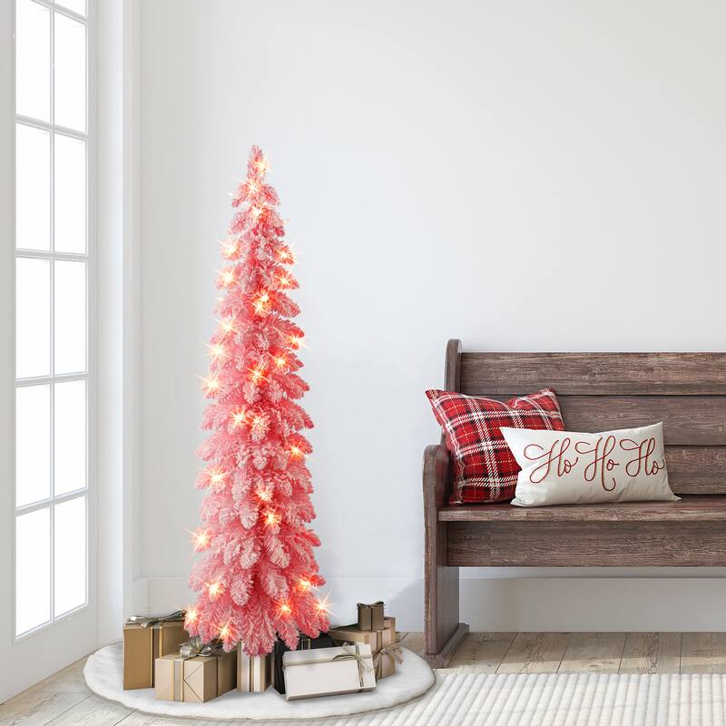 Puleo International 4 ft. Pre-lit Pink Flocked Alpine Pencil Tree