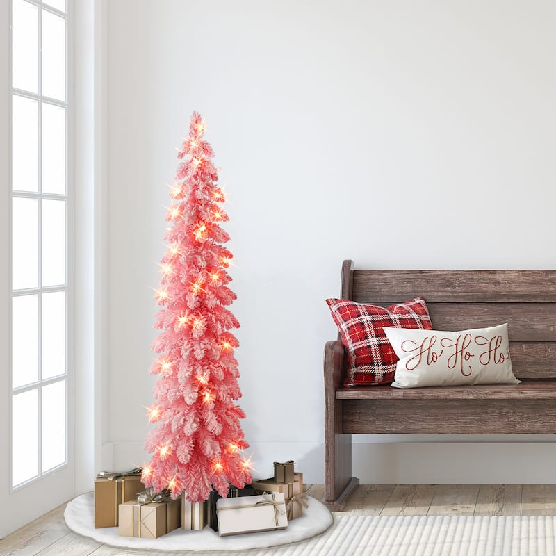 Puleo International 4 ft. Pre-lit Pink Flocked Alpine Pencil Tree