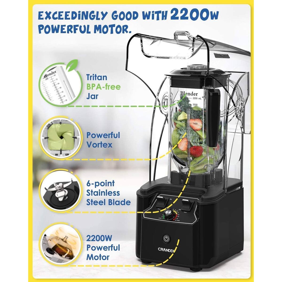 Commercial Blender with Soundproof Shield, 2200 Watt Blenders for