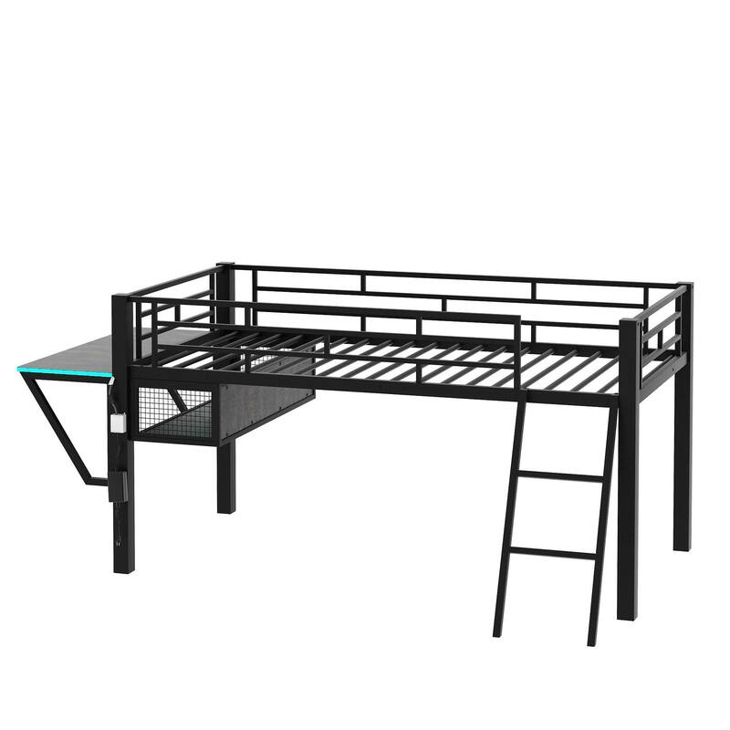 Mid Loft Gaming Bed with Desk, LED Lights, Twin Size, Black