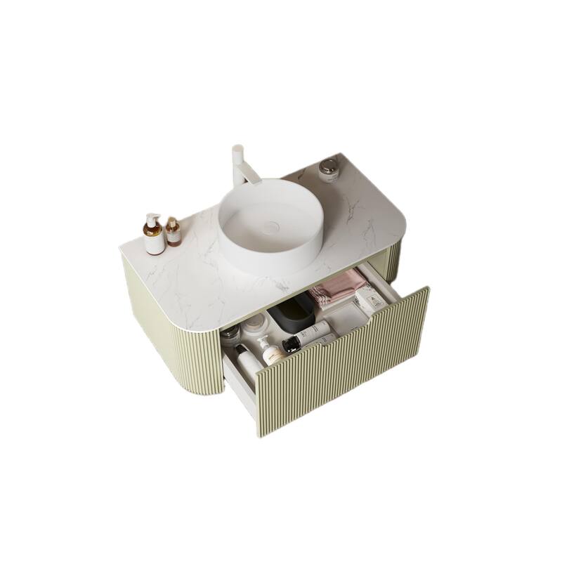 36-Inch Bathroom Vanity with Round White Ceramic Sink, Floating Wall-Mounted Storage Cabinet