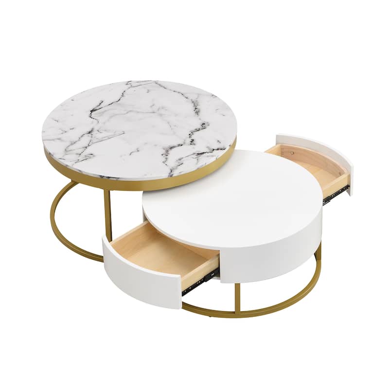 Round Nesting Coffee Table with Drawers in White