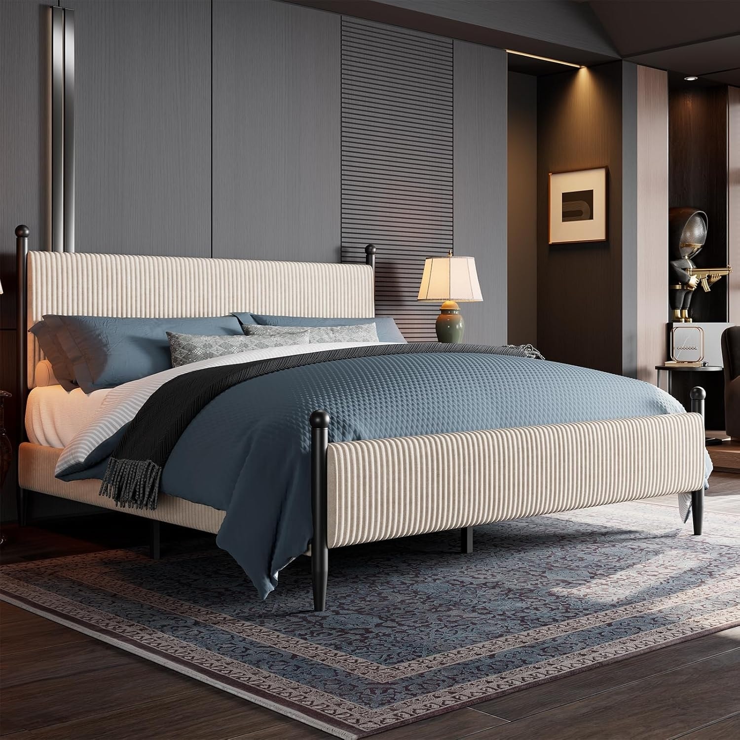 Twin Bed Frame with Velvet Headboard, Upholstered Soft Corduroy Fabric Platform with Wooden Slats Support