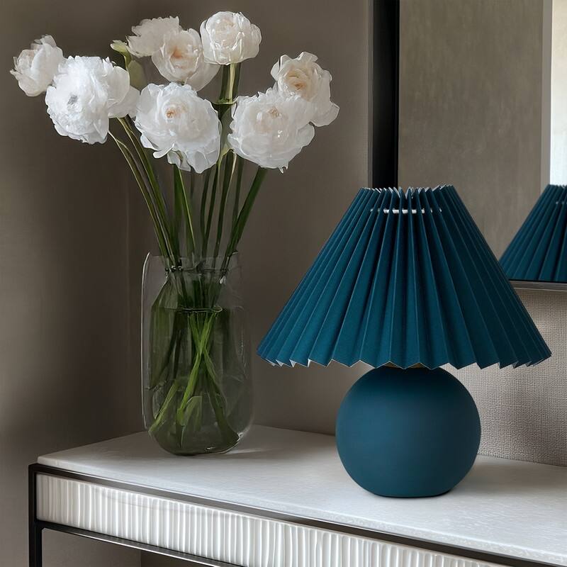 Brightech Serena LED Matte Green Midcentury Round Globe Bedside Nightstand Desk Lamp with Green Pleated Empire Shade