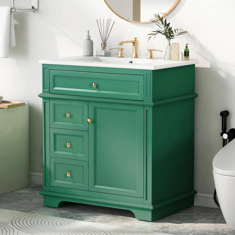 30" Bathroom Vanity with Sink, Tip-Out Drawer, Three Drawers, Door Shelf