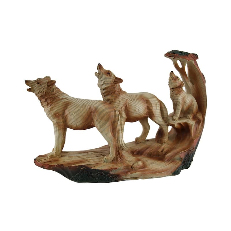 Howling Wolf Family Carved Wood Look Resin Statue - 6 X 9.5 X 3 inches