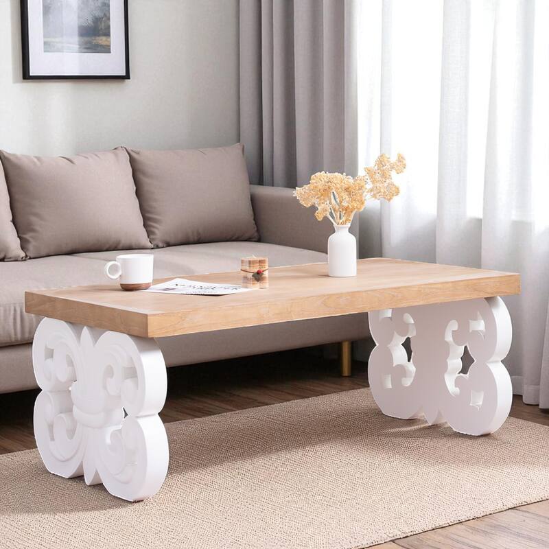 47" Rectangular Farmhouse Coffee Table with Carved Scroll Base and Natural Wood Top, Rustic Accent Center Table - White