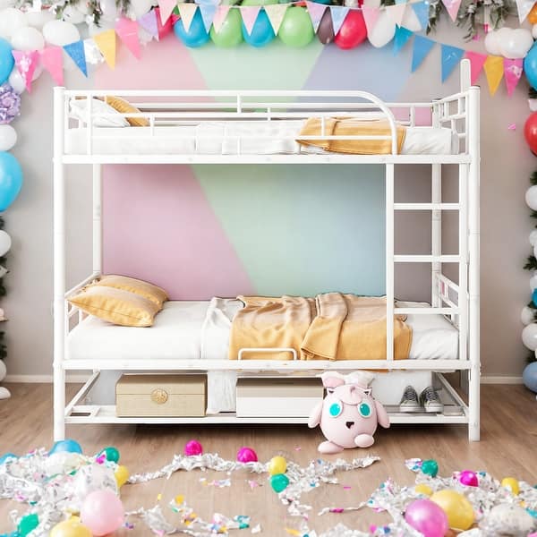slide 2 of 24, Modern Full over Full Bunk Bed with Shelf and Guardrails,Separate into 2 Twin Beds for Bedroom White