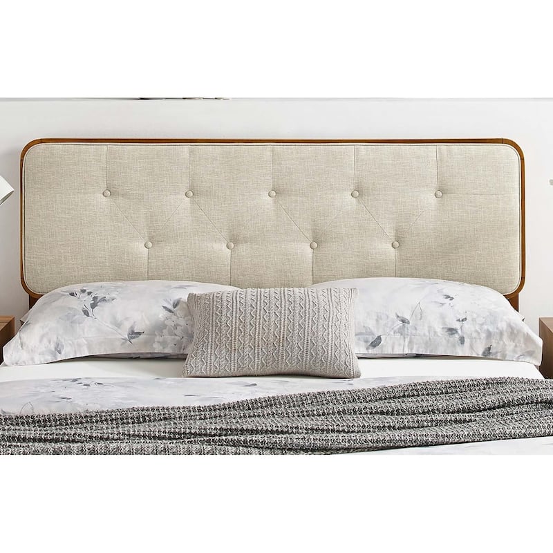 Glendale Traditional Beige Fabric Button Tufted Queen Size Walnut Wooden Headboard