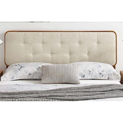 Glendale Traditional Beige Fabric Button Tufted Twin Size Walnut Wooden Headboard
