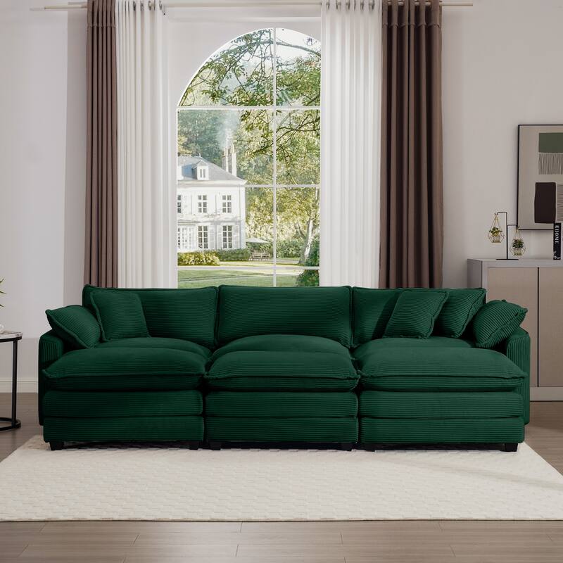 Oversized Corduroy Sofa with 3 Ottomans, Modular Set for Living Room, Convertible Sleeper