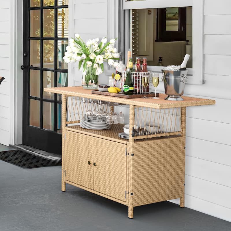 Moasis Outdoor Storage Cabinet Patio Wicker Bar Counter Backyard Furniture w/Plastic Wood Tabletop - 50.4"L x20.9"W x 33.9"H