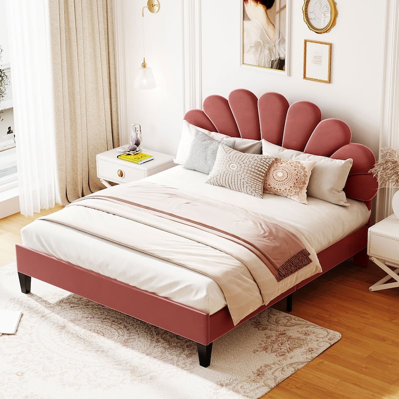 Flower Shape Headboard Bed Frame Wood Platform Bed, Velvet Upholstered Panel Bed, Bedroom Furniture Low Profile Bed - Bean paste red - Queen
