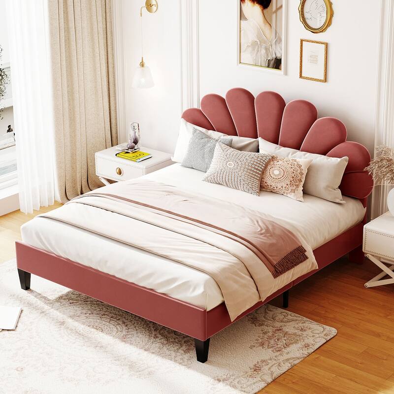 Upholstered Platform Bed Velvet Bedframe with Flower Pattern Headboard