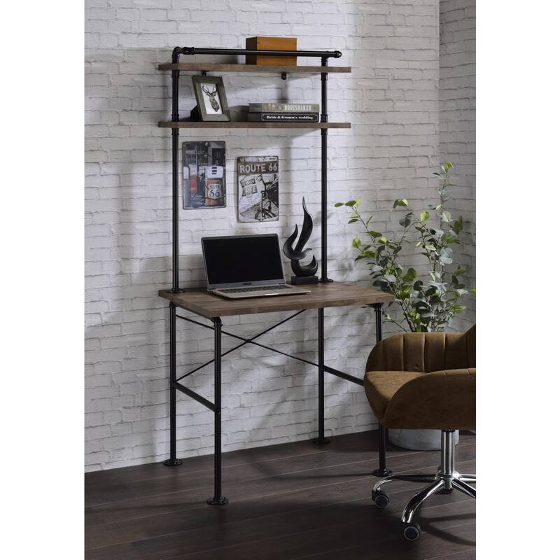 Rectangular Writing Desk with Shelves in Rustic Oak and Black