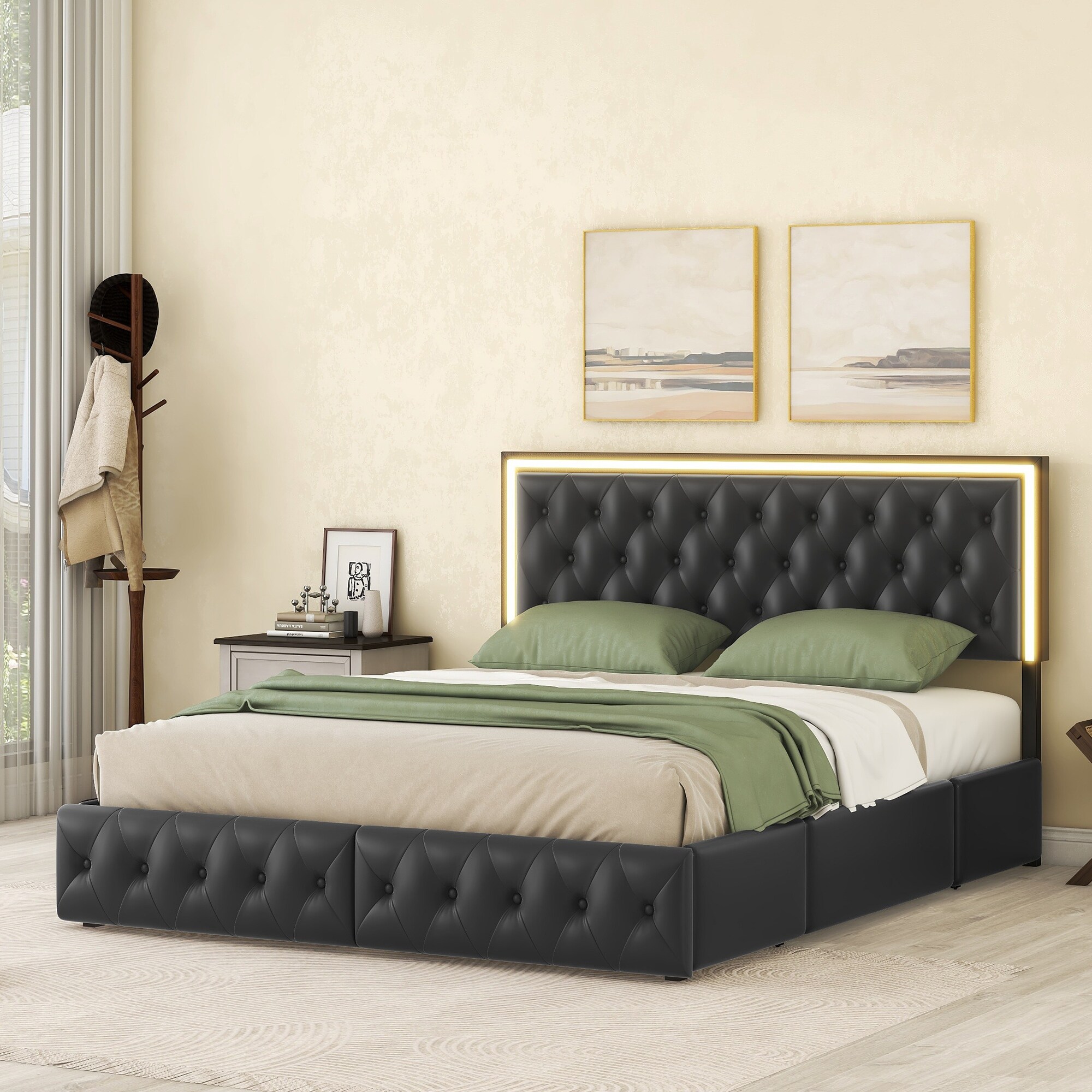 Queen Size Upholstered Bed Frame with 4 Storage Drawers, PU