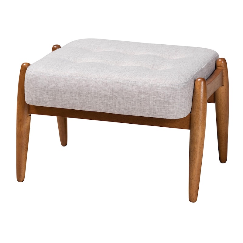 Jeanine Japandi Dark Grey Fabric and Walnut Brown Finished Wood Ottoman Footstool - Greyish Beige, Walnut Brown