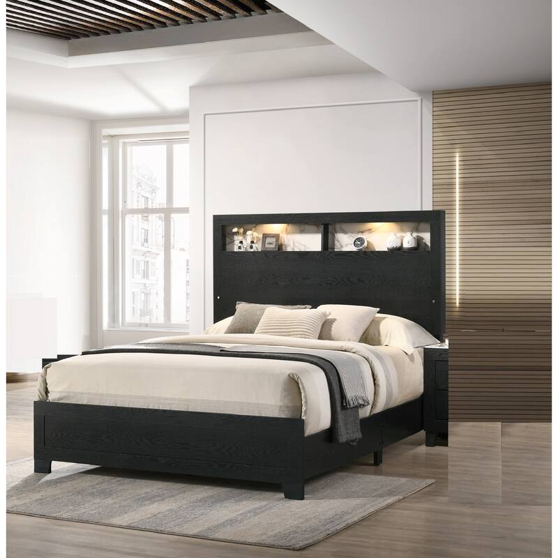 Queen Size Panel Bed Headboard with LED, Sleek Design, Black Finish, Extra Storage Space