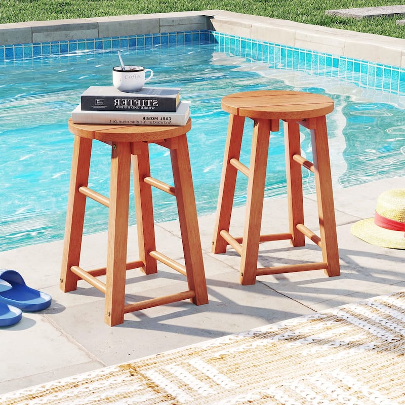 Natural Eucalyptus Wood Outdoor Bar Stools Set of 2 with Crossbars and Comfortable Seat - 11.5" x 11.5" x 18"