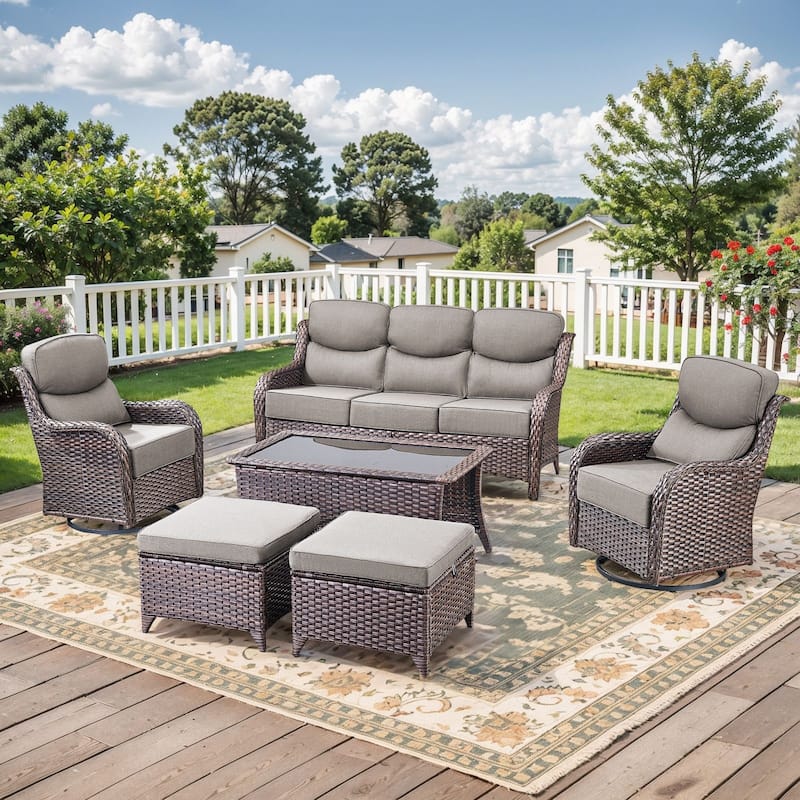 Pocassy Outdoor Patio Furniture Sofa Swivel Chairs Sets - Brown Wicker Grey Cushion - Sofa Swivel Chair with Ottoman Set of 6
