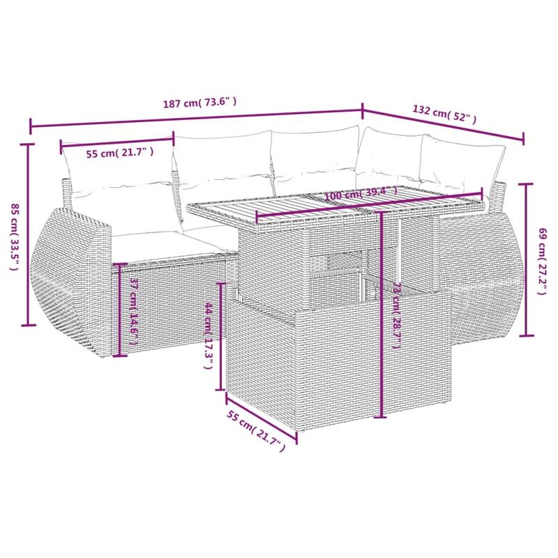 vidaXL Patio Sofa Set with Cushions Outdoor Furniture 5 Piece Poly Rattan - 24.4 x 24.4 x 27.2