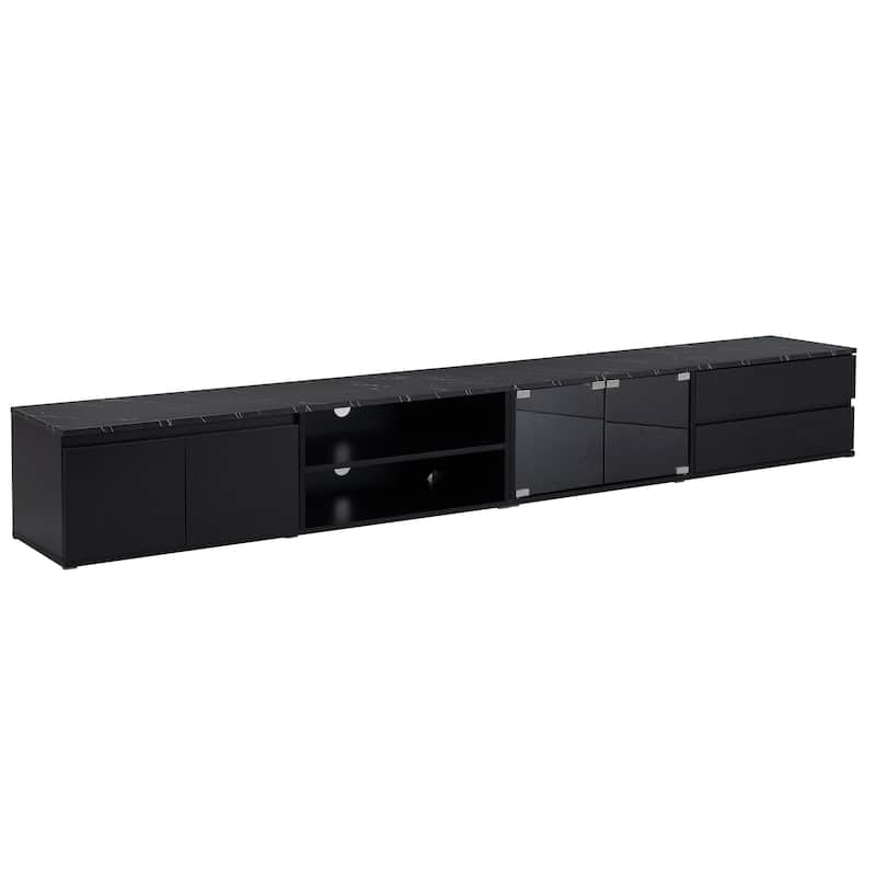 94.5" TV Stand with Tempered Glass Doors, 2 Drawers and Cabinets for TVs Up to 105"