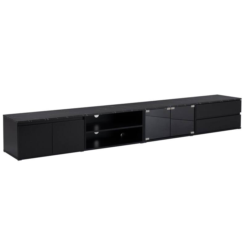 Large Media Console with LED, Faux Marble, Tempered Glass, and Storage for 105" TV