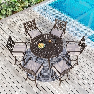 7-Piece Cast Aluminum Patio Bar Stool Set, 6 Swivel Bar Stools and 1