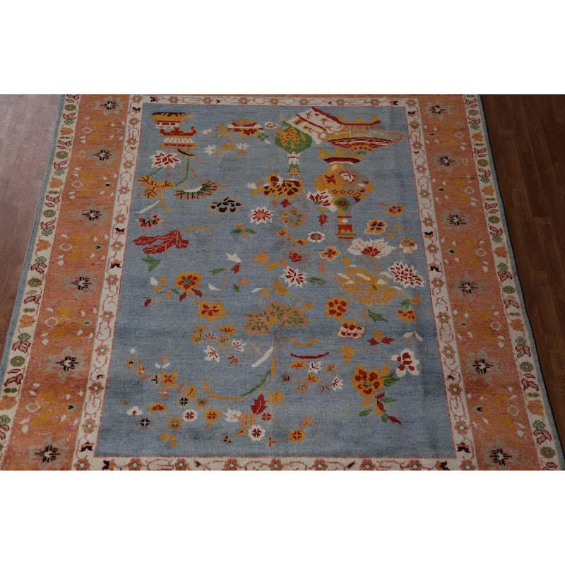 Hand Knotted Oriental 100% Wool Carpet Traditional Floral Navy Blue & Blues Art Deco Area Rug - 9' 9'' X 7' 10''