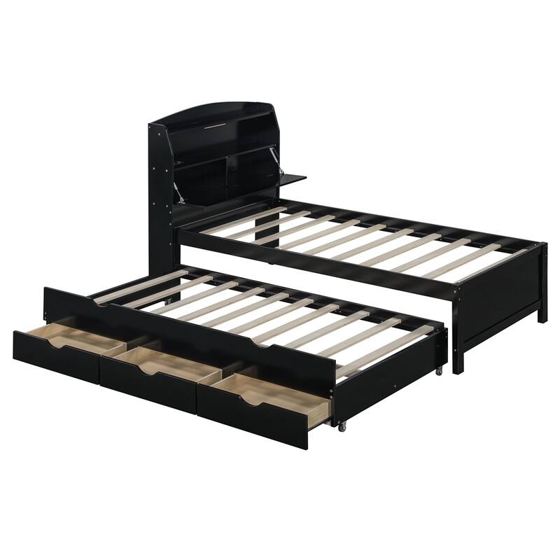 Wooden LED Platform Bed with Trundle