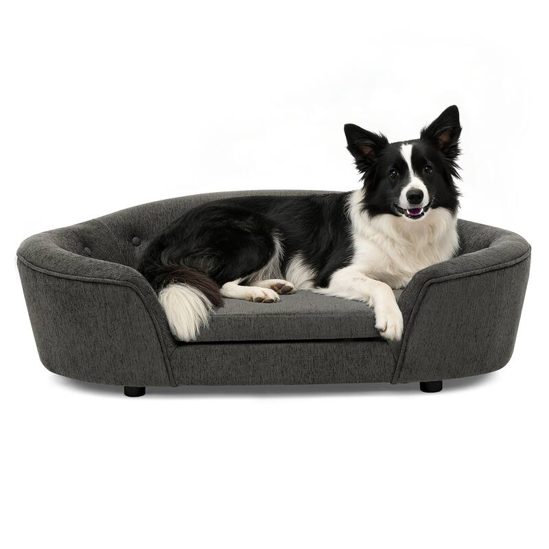 Oval Semi-Enclosed Dog Sofa, Durable Linen Material, Button-Tufted Backrest, High-Center Low-Sides Support Plush Comfort-Beige