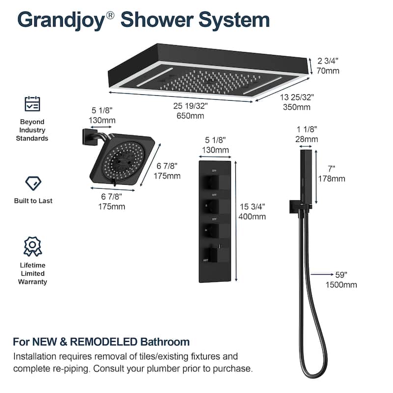 GRANDJOY Thermostatic LED Rain and Waterfall Shower System with Handheld, Ceiling-Mount Modern Design
