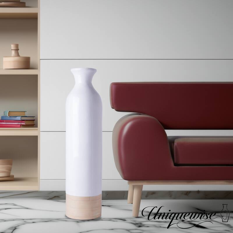 Elegant Black or White Cylinder Shaped Tall Spun Bamboo Floor Vases, Natural Bamboo Finish Heights of 31 and 23.5 Inches