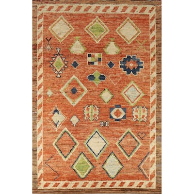 Moroccan Oriental Area Rug Handmade Orange Geometric Wool Carpet - 6'10" x 9'9"
