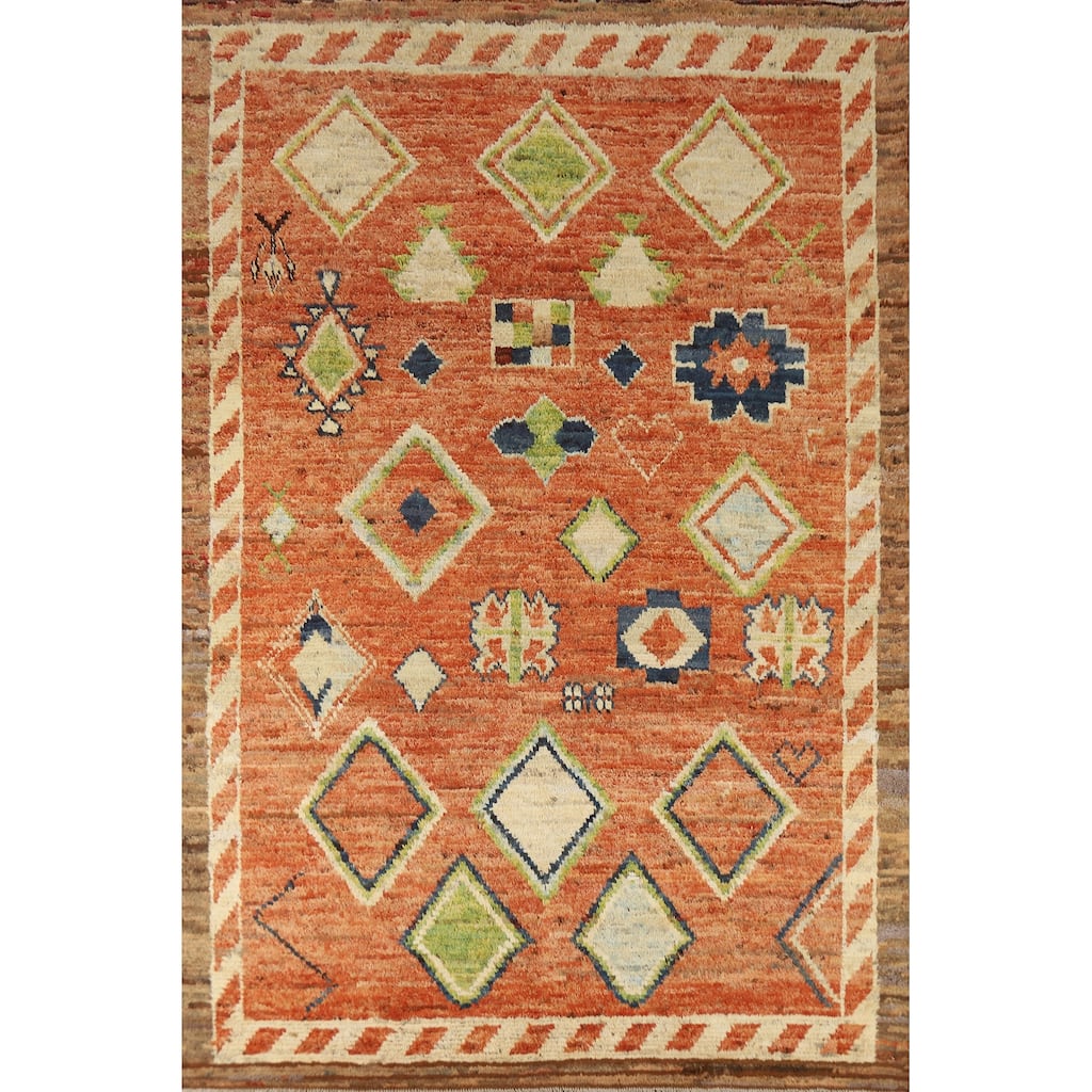 Moroccan Oriental Area Rug Handmade Orange Geometric Wool Carpet - 6'10" x 9'9"
