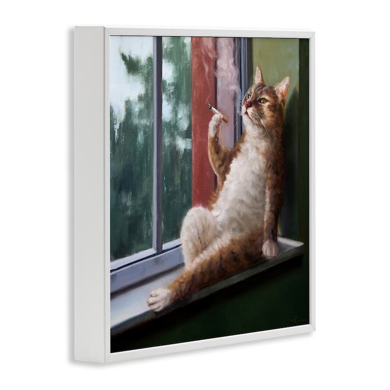 Stupell House Cat Smoking Lounging in Window Pane Framed Wall Art