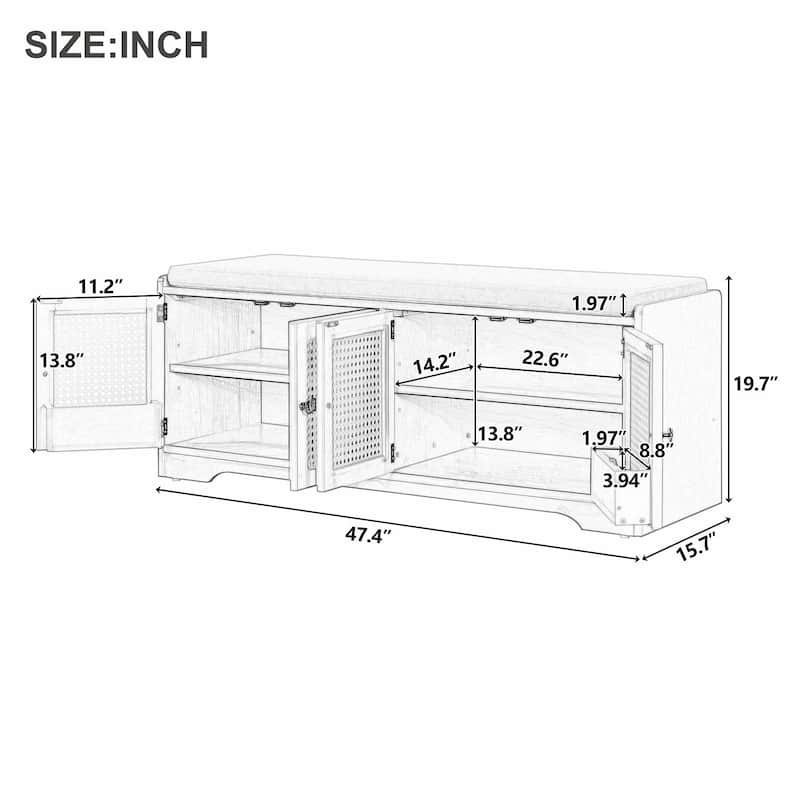 Rustic Storage Bench with Removable Cushion, Woven Rattan Doors & Adjustable Shelves