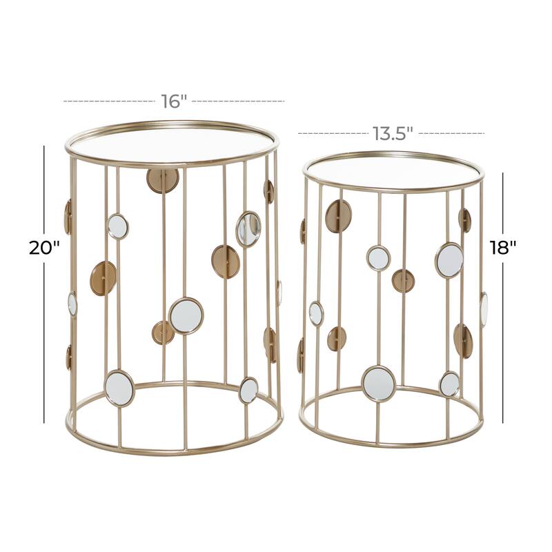 Gold Metal Open Frame Accent Table with Mirrored Glass Top and Circular Accents (Set of 2)