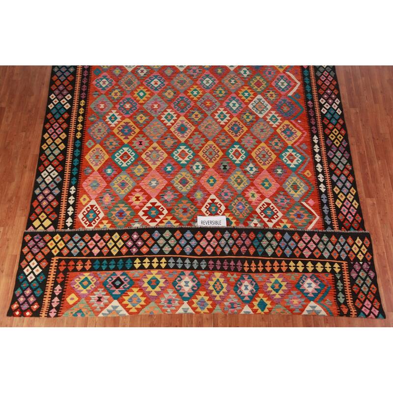 Kilim Oriental Area Rug Flatweave Orange Reversible Wool Carpet - 9'9"x 13'0"
