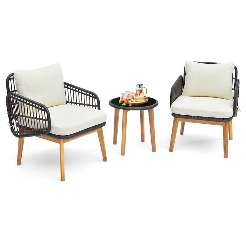 3 PCS Patio Furniture Set w/ Cushioned Chairs Tempered Glass End Table