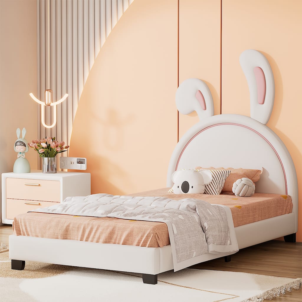 Adorable Twin/Full Upholstered Platform Bed with Rabbit Design, PU Leather, Sturdy Wood Frame, No Box Spring Needed