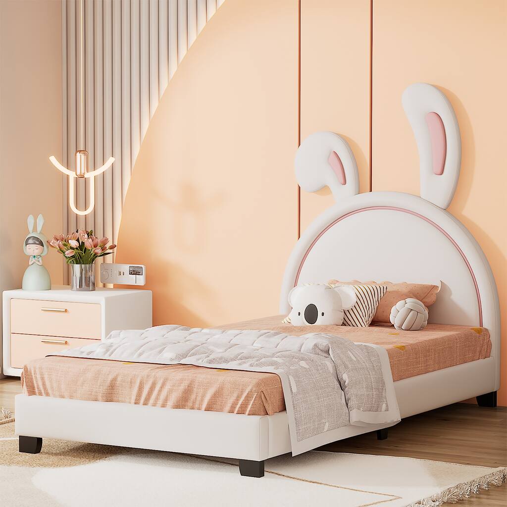 Twin/Full Size Rabbit Ornament Leather Bed, Upholstered Platform Frame for Kids, Sturdy Wood