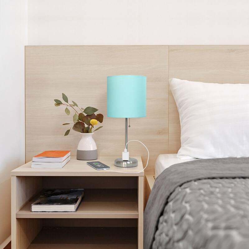 19.5" Power Outlet Metal Lamp in Steel w Aqua Shade