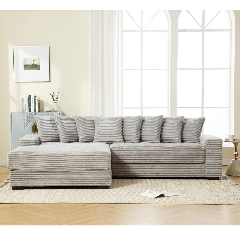 L Shaped Sectional Sleeper Sofa Corduroy Corner Sofa with Chaise Lounge and 8 Throw Pillows, Oversized Modular Daybed