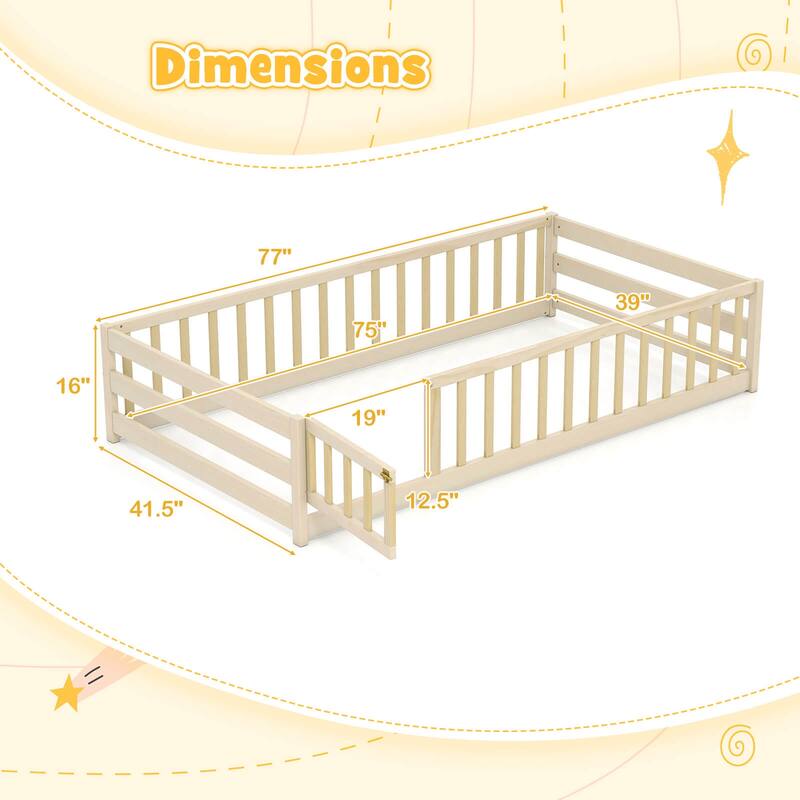 Costway Twin Size Floor Bed with Door & Fence with Safety Guardrails &